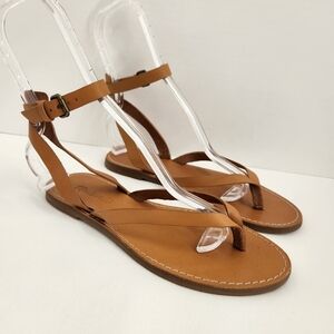 Madewell Size 8 The Broadwalk Leather Thong Sandals Tan Ankle Strap Flat